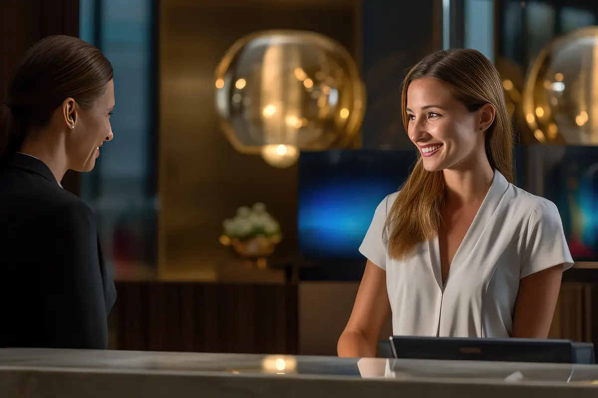 Receptionist and businesswoman at hotel front desk