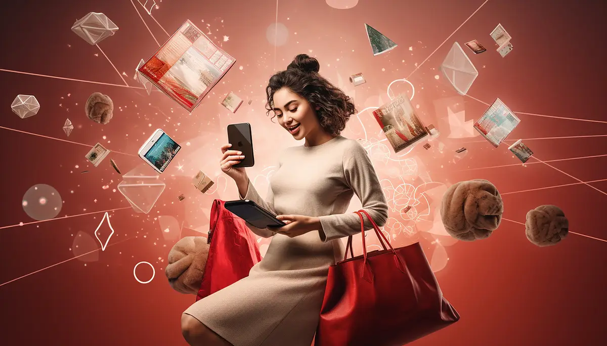 happy woman shopping from phone cyber monday discount online shopping