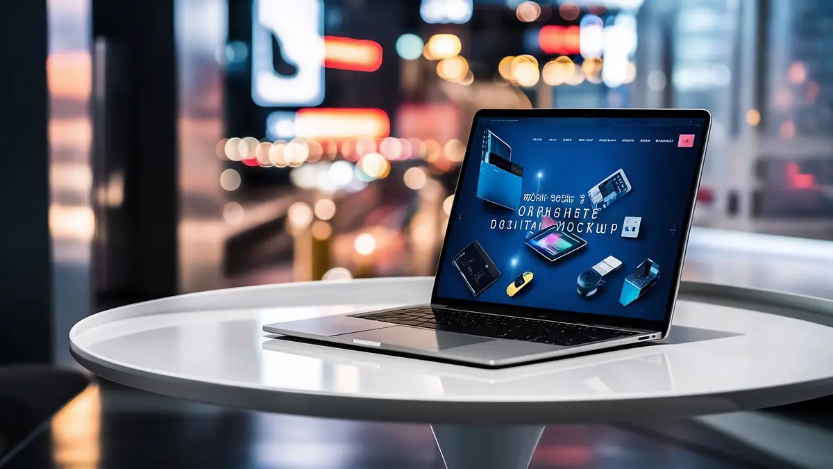 Mockup laptop computer on white top table with blur background