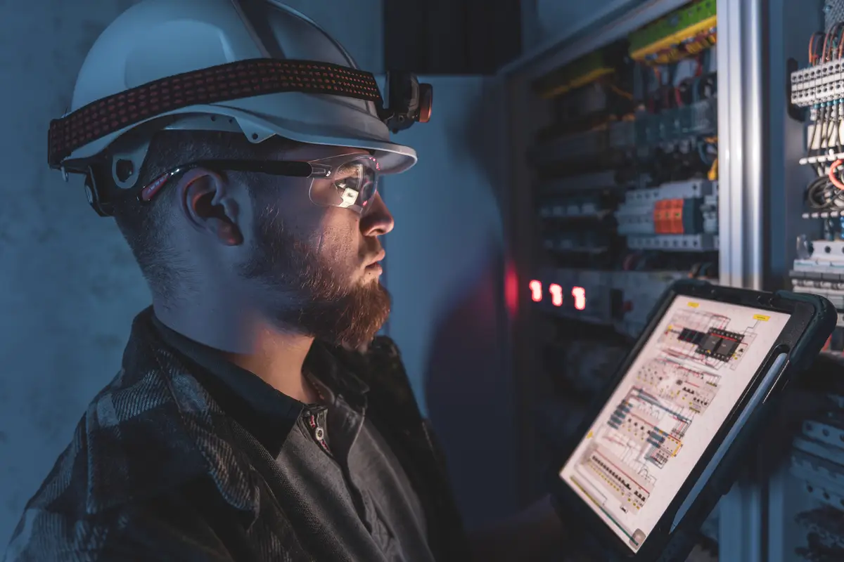 Eletricista de macacão trabalhando em quadro de distribuição com fusíveis usando tablet para consulta de documentação NR-10