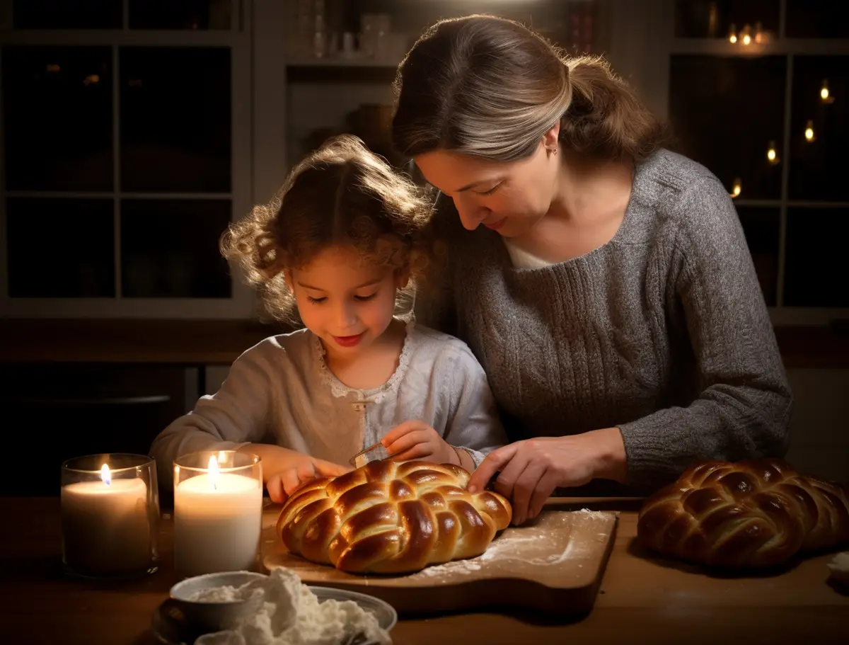 Family preparing challah dish for hanukkah
