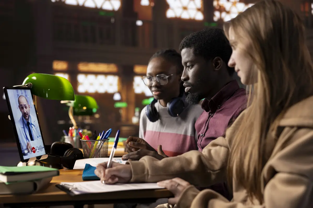 Diverse academic scholars in a library join a video call with a medic tutor