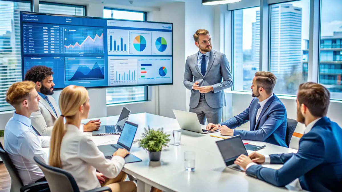 Business people in a meeting looking at a presentation on the screen