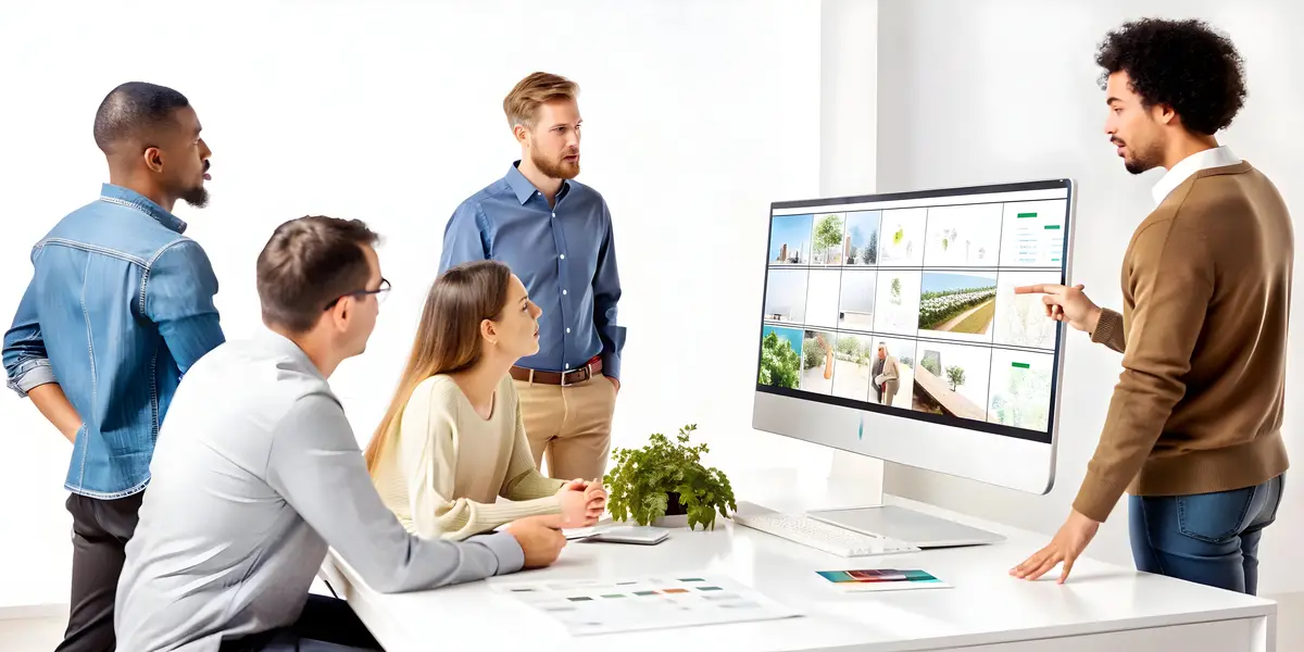3D Candid AI Enhanced Design Review Collaborative Team Evaluating AI Concepts on Screen Creativi