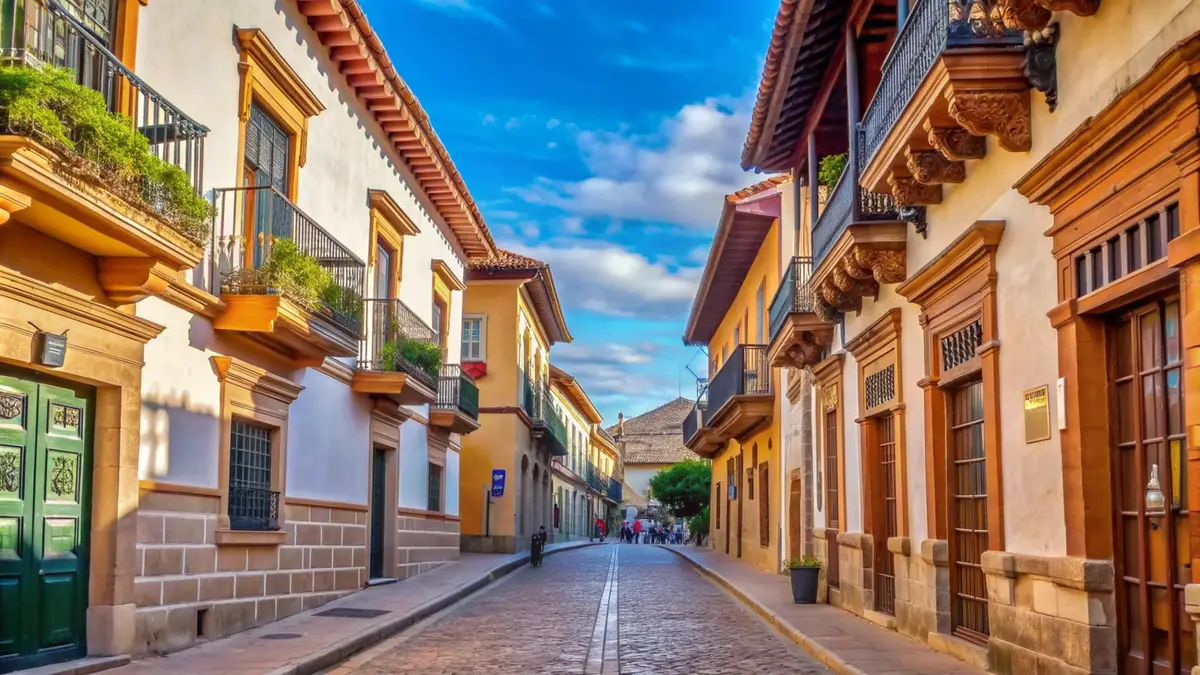 Cobblestone street lined with colorful buildings and balconies