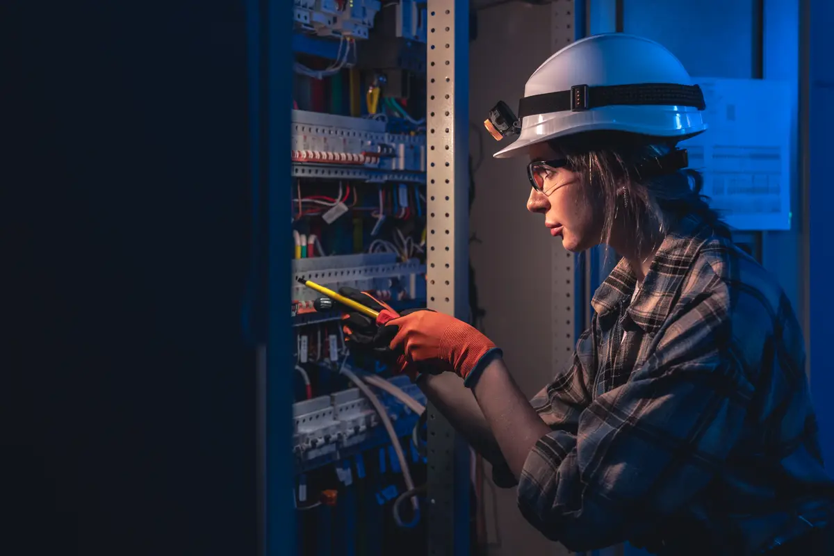 Eletricista realizando reparo de fiação em quadro de distribuição durante serviço noturno de precisão