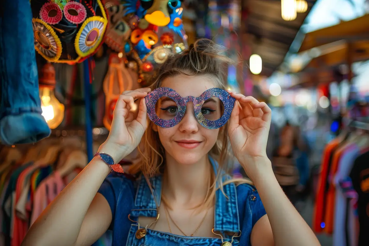 A woman wearing blue jeans and a blue shirt is holding up a pair of sunglasses