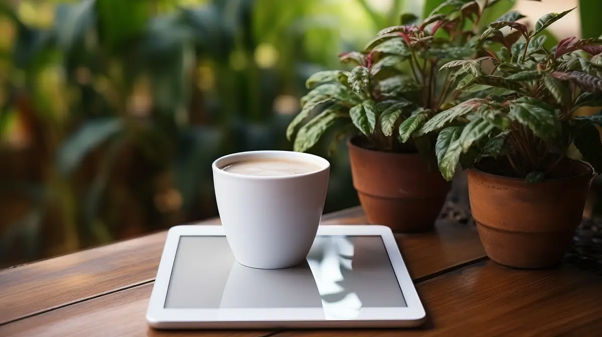A cup of coffee on a table with a tablet and potted plants in the background