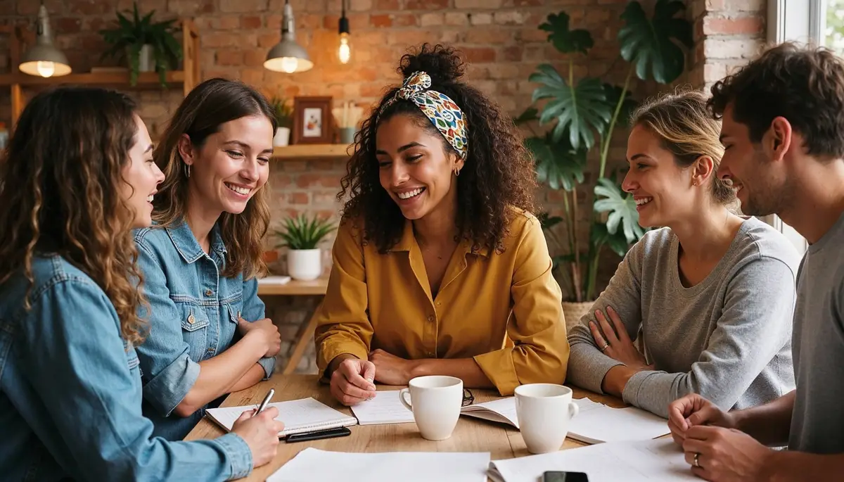 Young professionals brainstorming over coffee in a stylish workspace