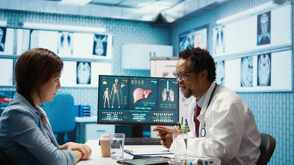 African american medic doing a scan interpretation with female patient