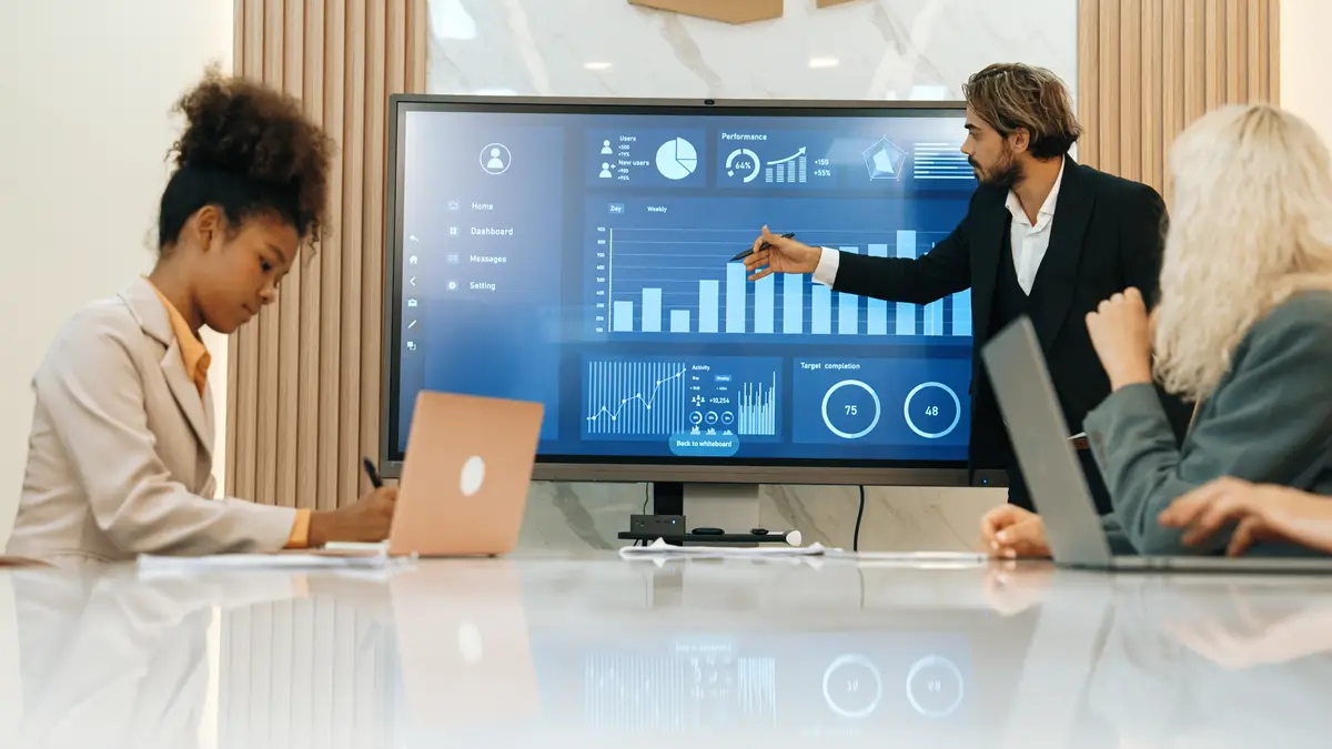 Presentation in office or ornament meeting room with analyst team