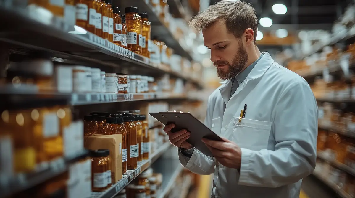 A man in a white lab coat checks the inventory of bottles on shelves in a warehouse