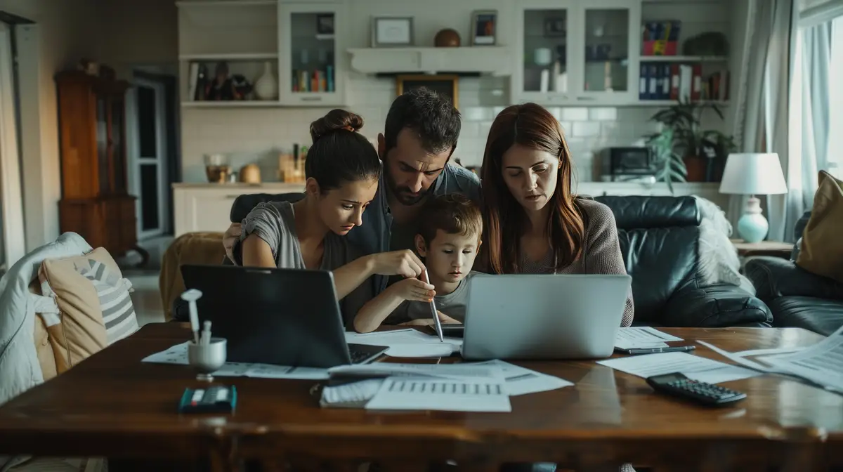 Portrait of a family calculating taxes on the living room