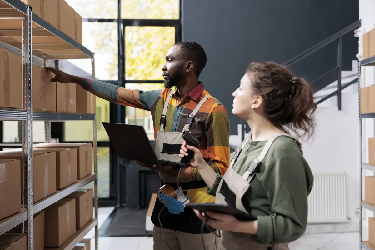 Diverse storehouse employees checking cardboard boxes