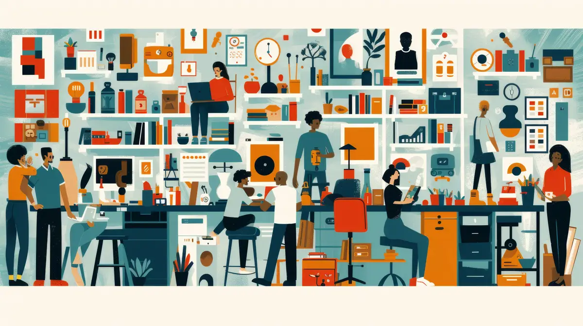 A group of people are standing around a table with books and other things on it ai