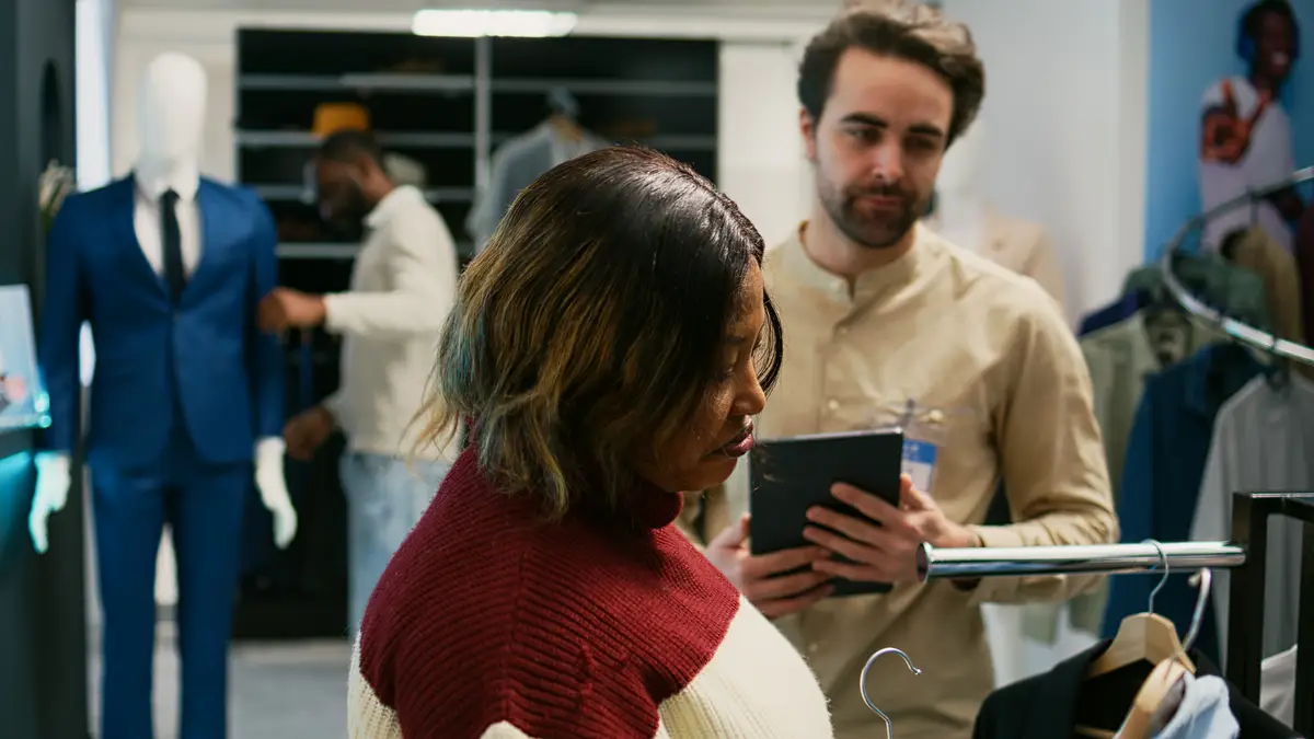 Clothing store worker helping customer with clothes, shopping for modern new fashionable collection. Young woman talking to shopping center employee about fashion merchandise in boutique.