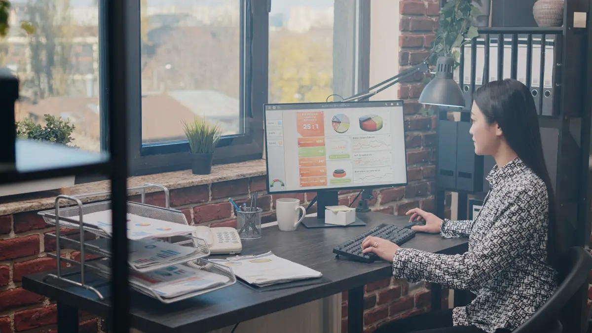 Business woman using computer to plan marketing strategy in startup office. Entrepreneur working with annual data charts to design project and financial presentation. Industry growth