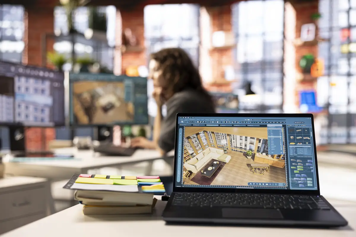Woman uses architectural software on her PC to create a detailed 3D render