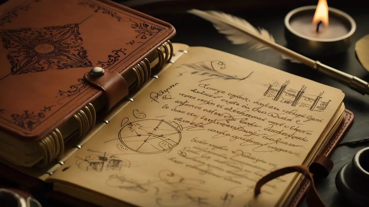 A close up shot of a vintage leather bound notebook with intricate designs engraved on the cover