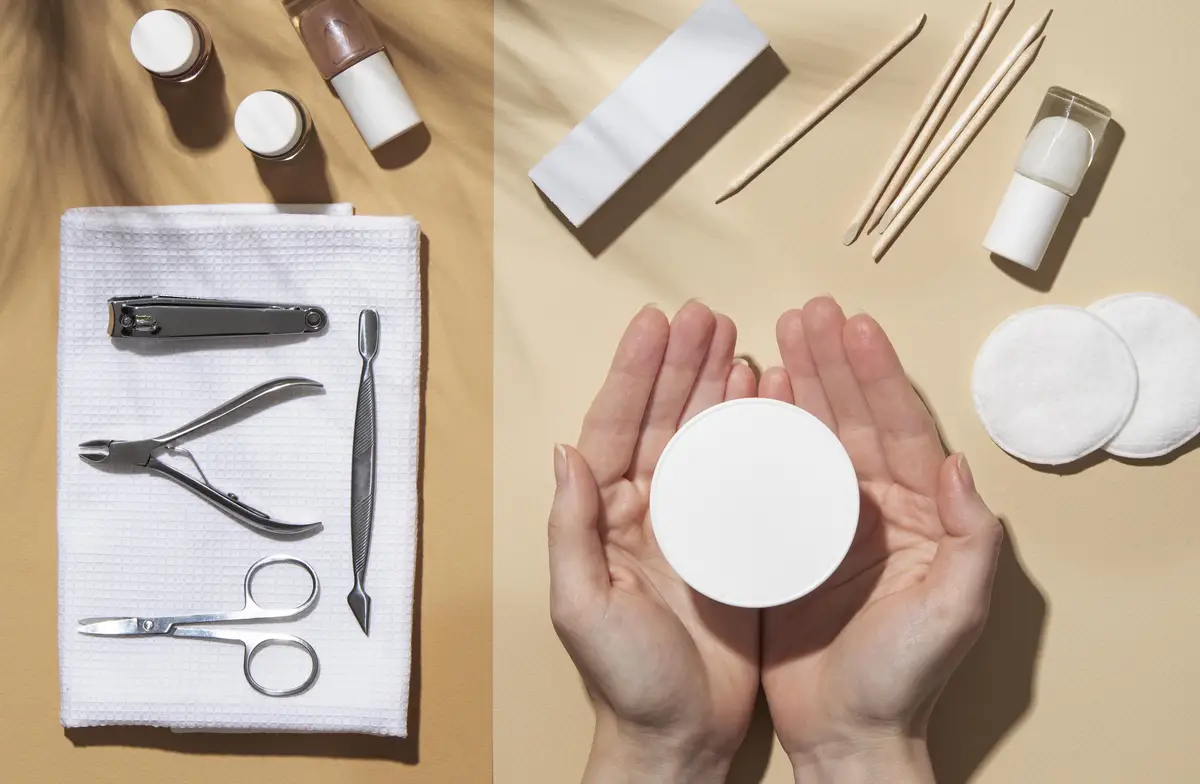Still life arrangement of nail care products