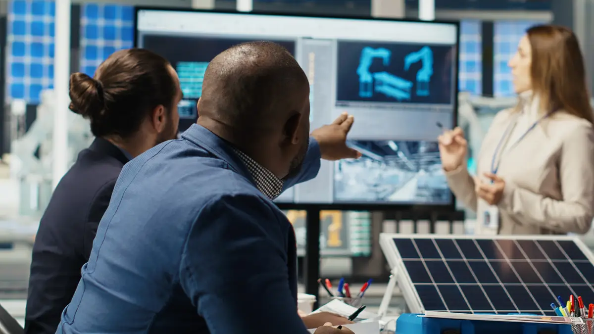 Investors in photovoltaics plant reviewing solar technology reports