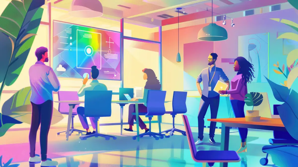 Marketing Team and AI Hologram Presenting Creative Strategies AIG60