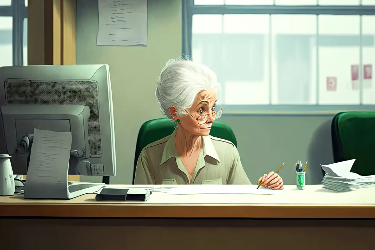 Girl with gray hair sitting behind desk and working in office at hospital reception