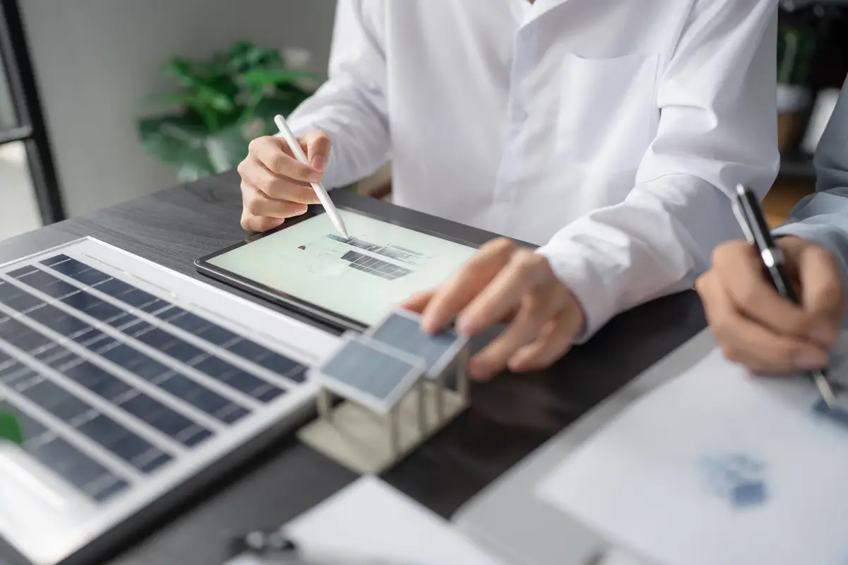 Solar panels green energy Business man working green eco friendly office business creative idea Planing Bio economy for business eco friendly professional Engineer sustainable electricity