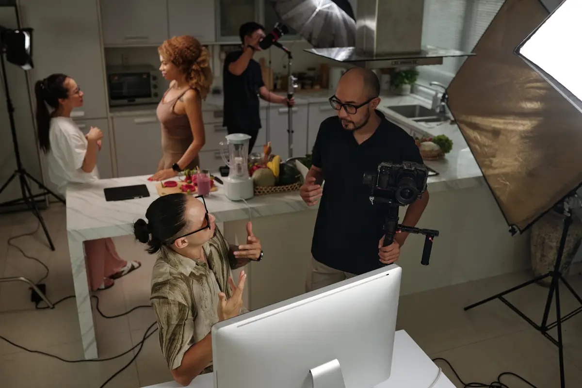 Team of operators cooperating in studio