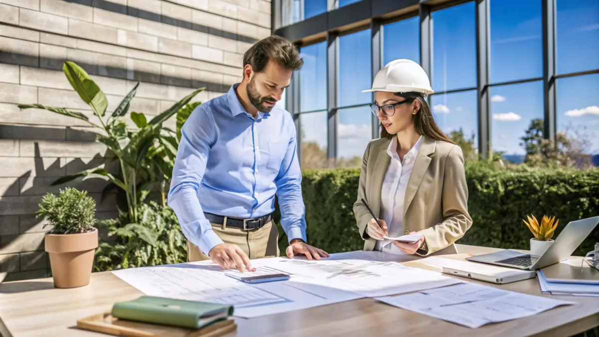 two people are looking at a project with a man and woman looking at a map