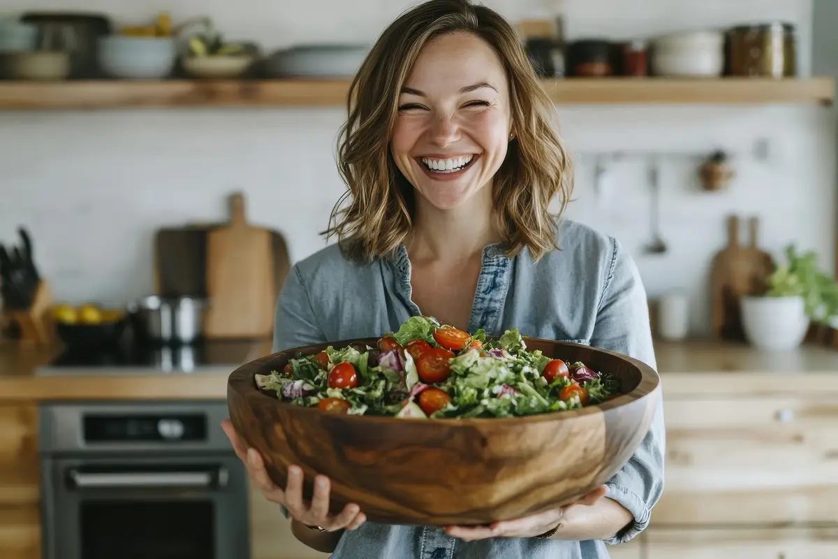 A woman in a kitchen and holds a large wooden bowl filled with fresh salad