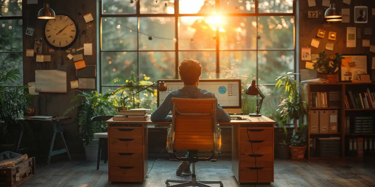 A man is seated at a desk in front of a computer screen within a room