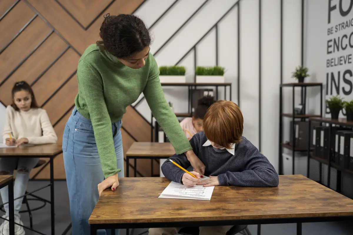 Kid cheating at school front view