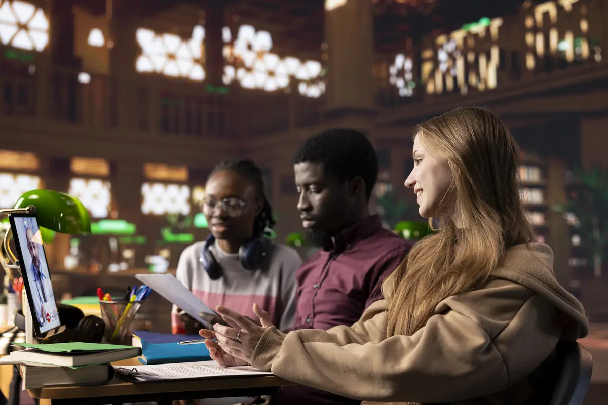 Pupils attend a video conference class lesson in a library for medical science