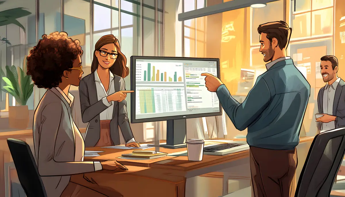 Three colleagues collaborating in an office pointing at a computer screen with data visualizations