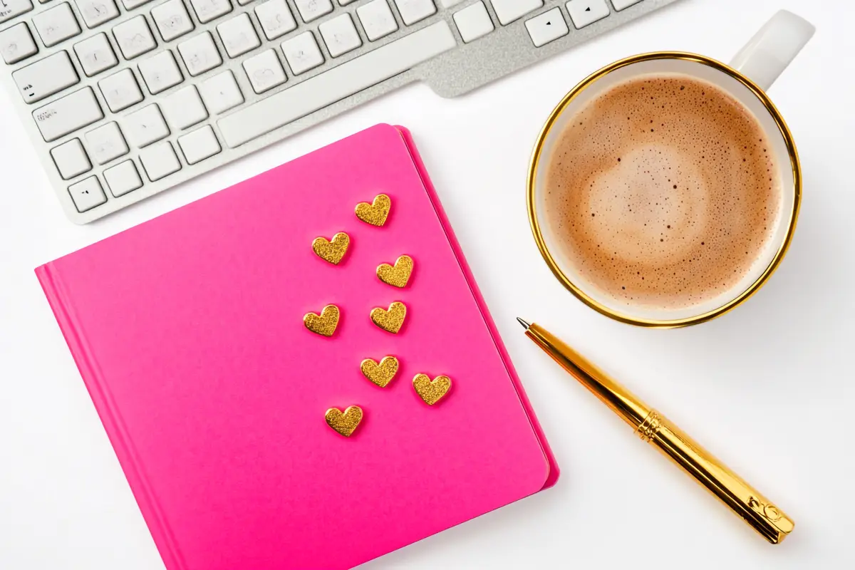 Pink notebook gold hearts coffee keyboard pen white background