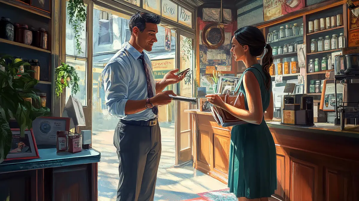 Salesman Explaining to a Female Customer Engaging Retail Scene