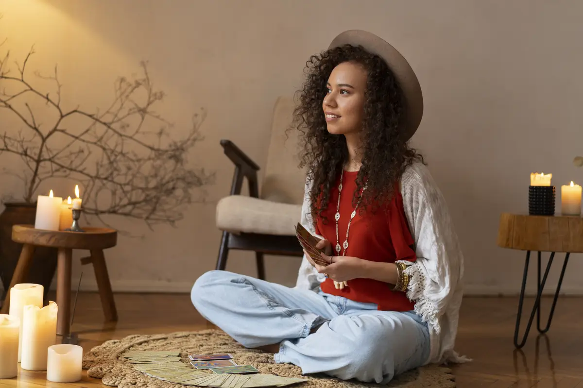 Full shot woman reading tarot at home