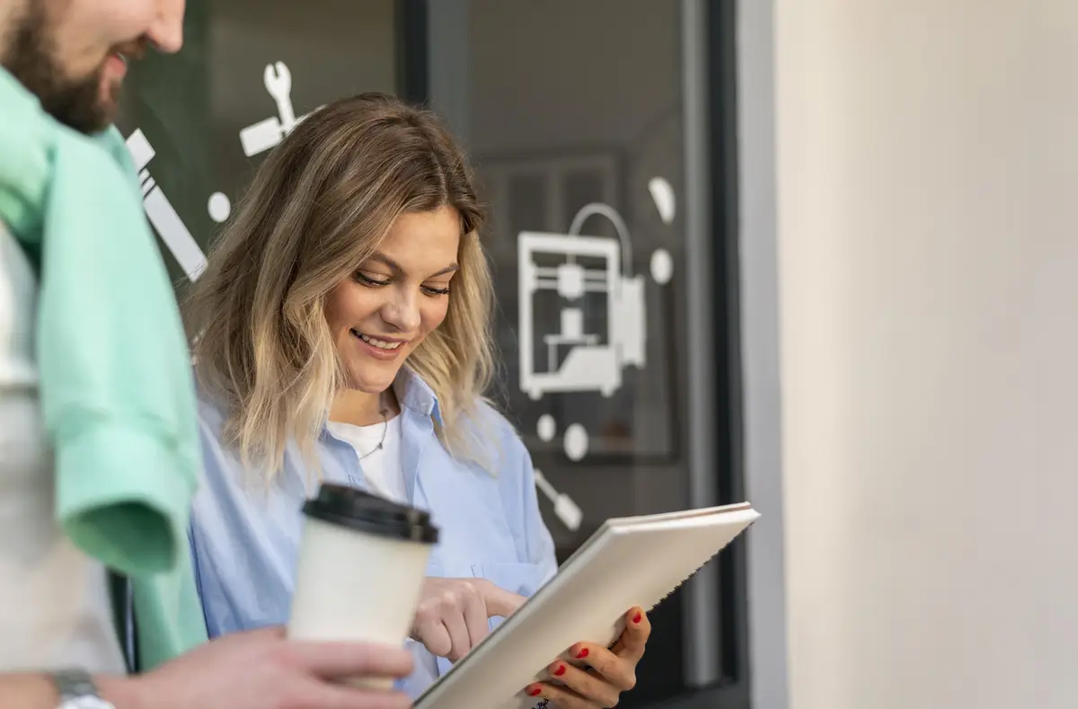 People talking about a work project with copy space