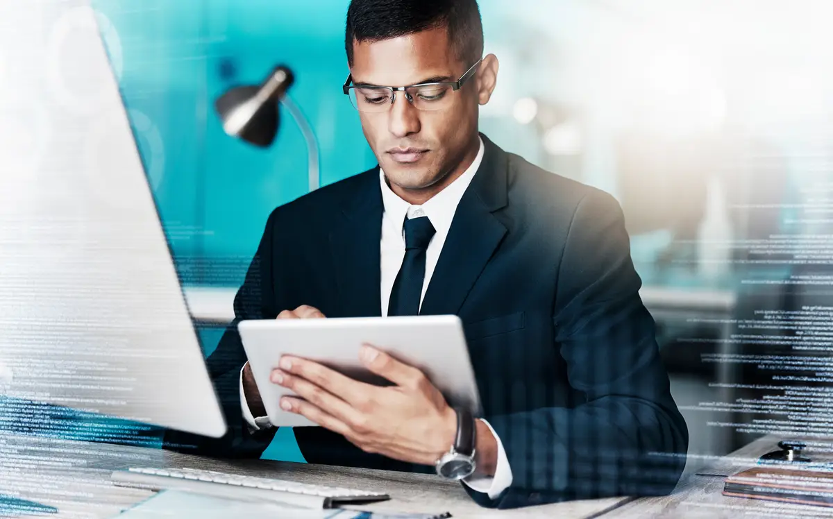 Trader tablet and hologram while businessman online for fintech using ux and ui for financial investing Accountant futuristic tech and economy with businessperson for finance forecast and report