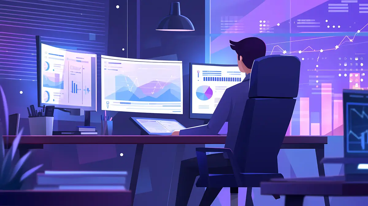 worker sitting in office computer flat vector illustration worker scene for online platform products