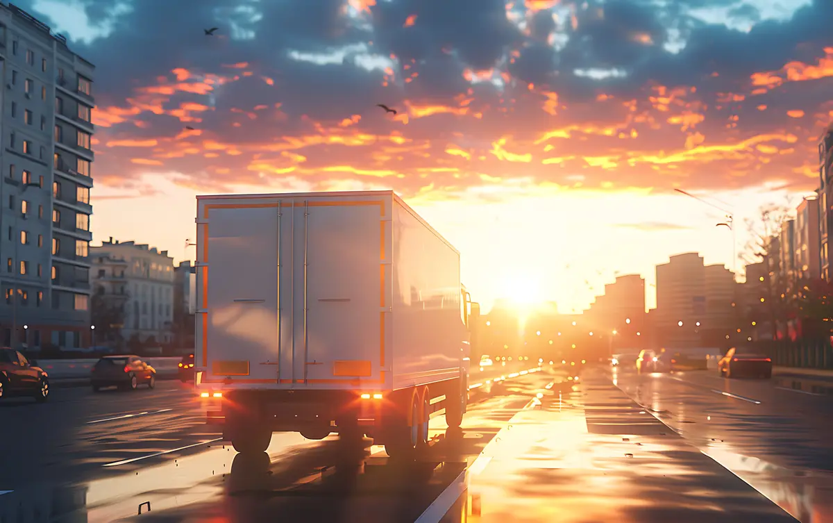 Truck moves on the road at sunset 3d rendering