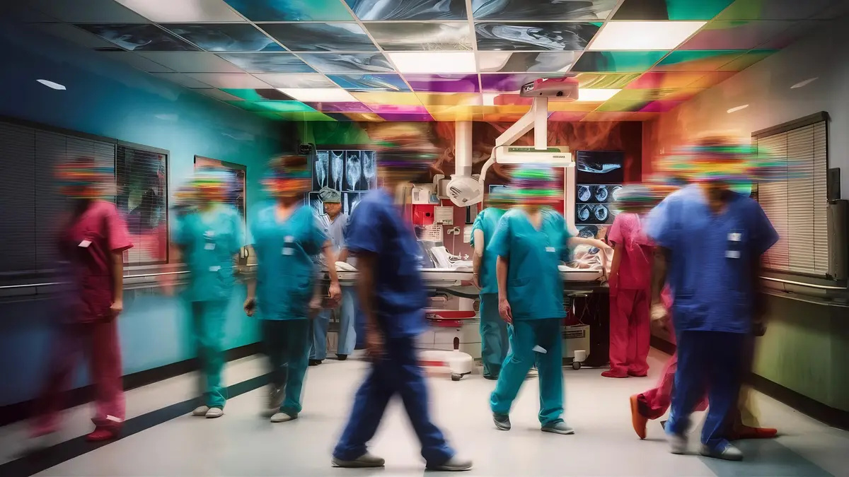 Quando iniciar antirretrovirais em pacientes com HIV recente 4 Blurred interior of hospital or clinical with people abstract medical background