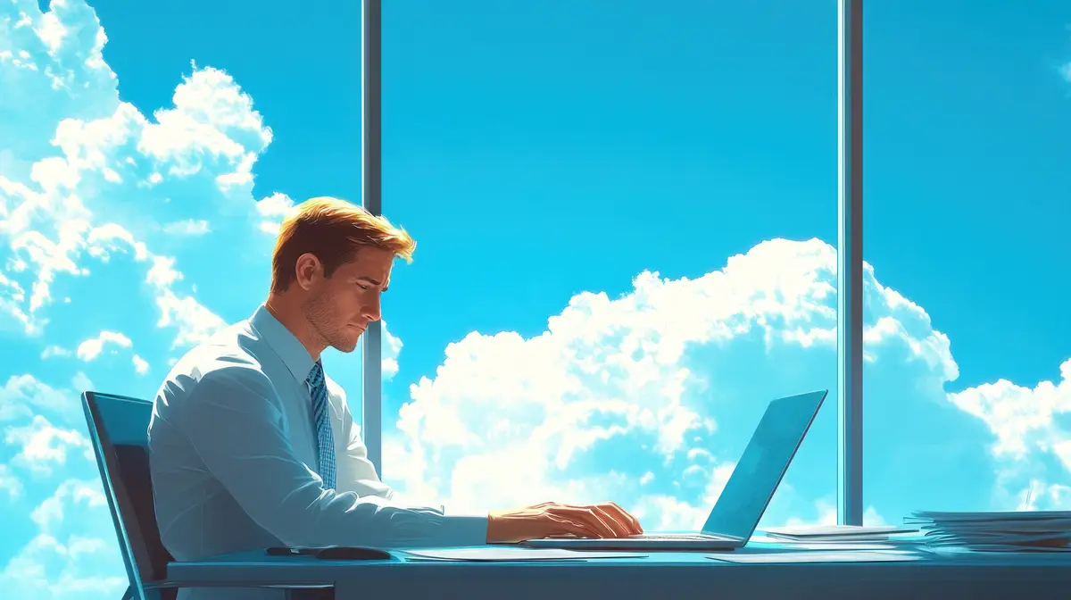 Businessman Working at Desk with Sky View