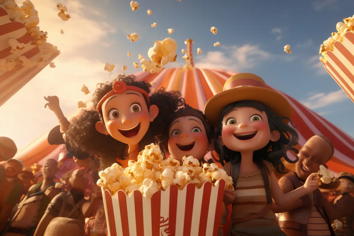 Friends sharing a giant bag of popcorn at a carniv 00345 00