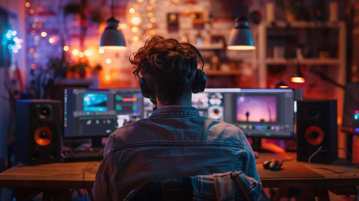 A video editor man in front of screen