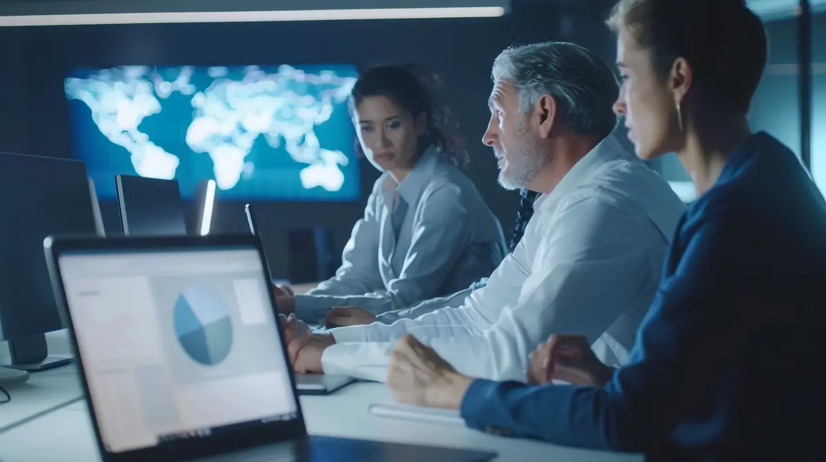 people working on a computer with a diagram of the earth on the screen