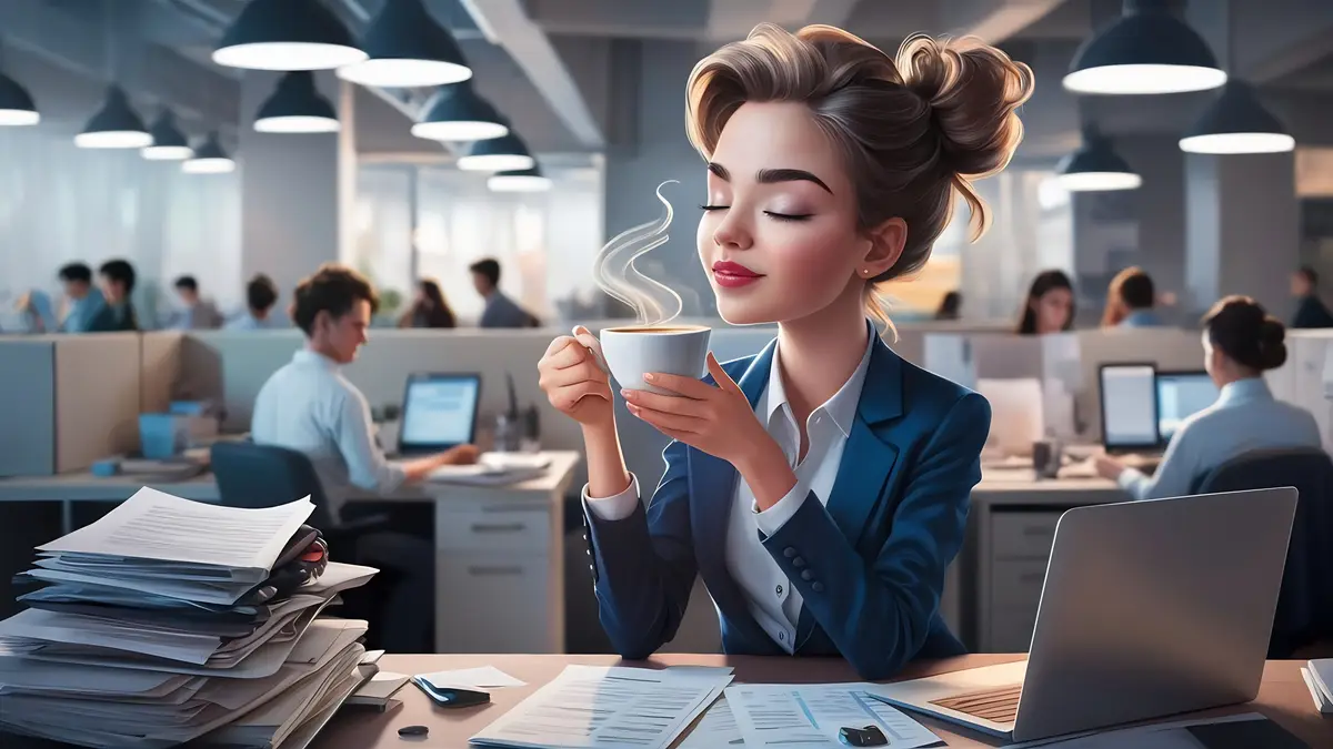 Young businesswoman drinking coffee with her eyes closed while taking a break from work in the offi