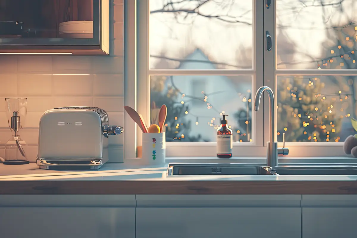 Stylish kitchen interior with sink and toaster near window