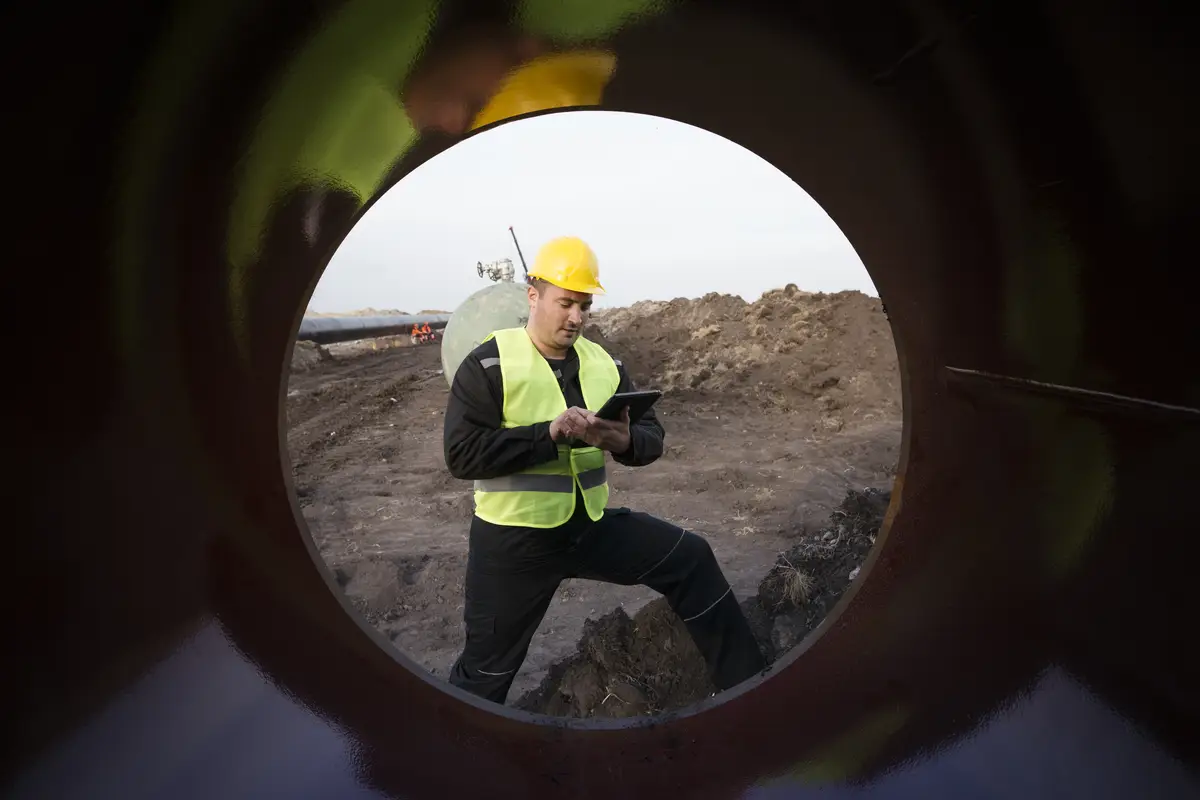 Shot of an oilfield worker checking quality of gas pipes at construction site